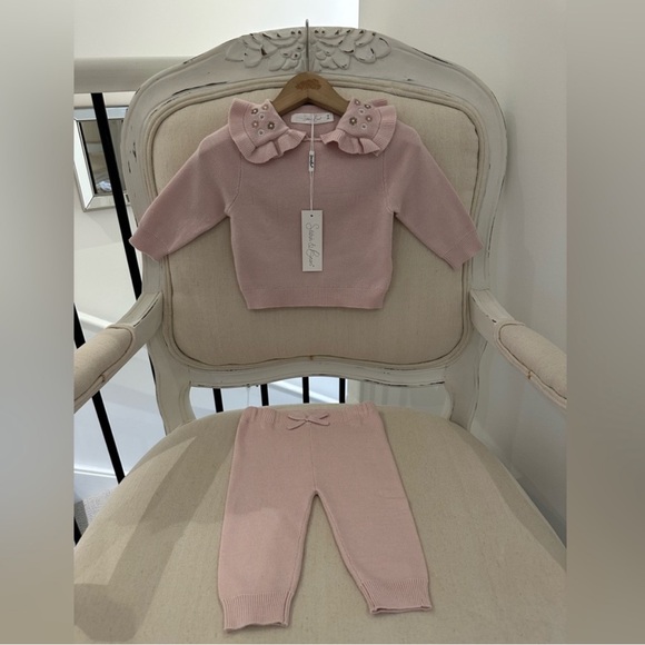 Stitch & Bean Other - 🦢 0~3 Mth Pale Dusty Rose Knit Embroidered Baby Sweater and Pants Set NWT
